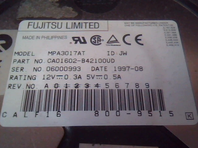 Hard Drive IDE Disk Fujitsu MPA3017AT CA01602-B42100VD 800-9515 1997-08 - image 2