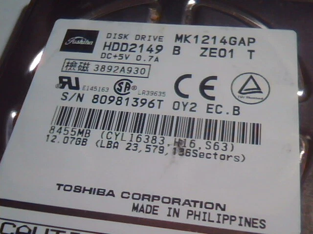 2.5 Hard Drive IDE Toshiba HDD2149 MK1214GAP 3892A930 - image 2