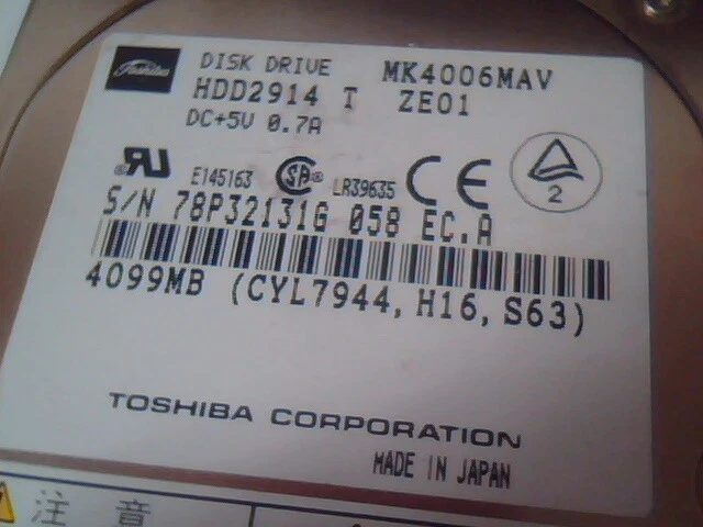 2.5 Hard Drive IDE Toshiba MK4006MAV HDD2914 T ZE01 E145163 - image 2