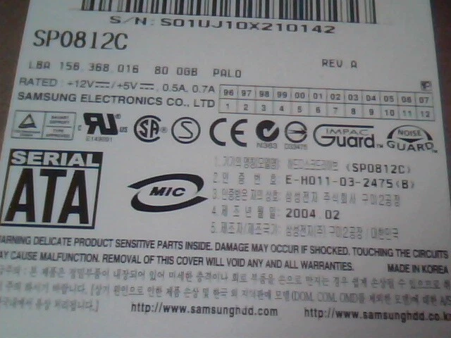 Hard Drive SATA Disk Samsung SpinPoint SP0812C 0693J1FX210011 MS E-H011-03-2475 - image 3