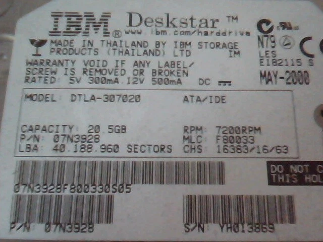 Hard Drive Disk IDE IBM Deskstar DTLA-307020 07N3928 F80033 E182115 S 20.5GB - image 2