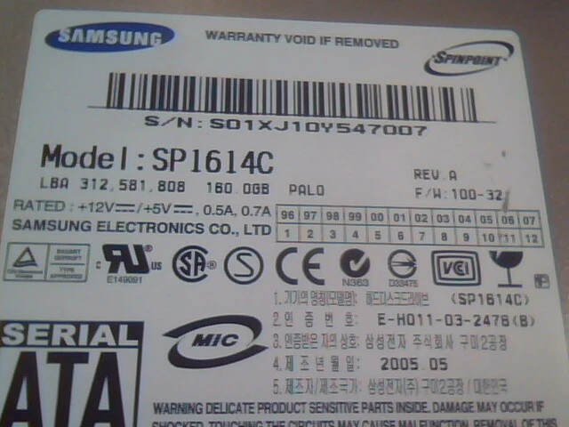 Hard Disk Drive SATA Samsung Spinpoint SP1614C 1176J1FY514623 350389-001 Rev A - image 2