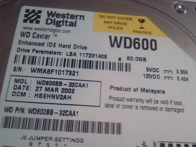 Hard Disk Drive IDE Western Digital Caviar WD600BB-32CAA1 117231408 3902C091 - image 2