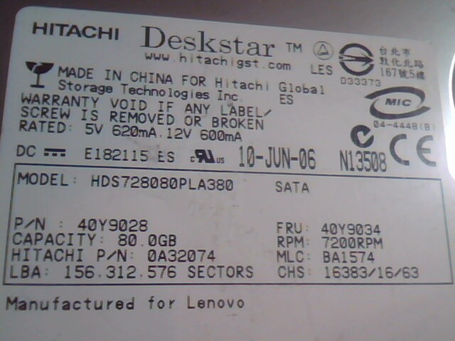 Hard Disk Drive SATA Hitachi Deskstar HDS728080PLA380 40Y9028 0A32074 BA1574 - image 2