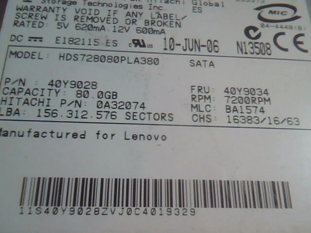 Hard Disk Drive SATA Hitachi Deskstar HDS728080PLA380 40Y9028 0A32074 BA1574 - image 3