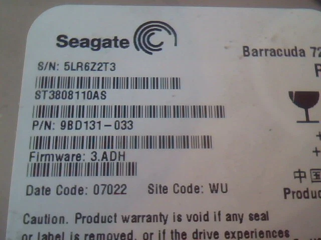 Hard Drive Disk SATA Seagate Barracuda 7200.9 ST3808110AS 9BD131-033 3.ADH RoHS