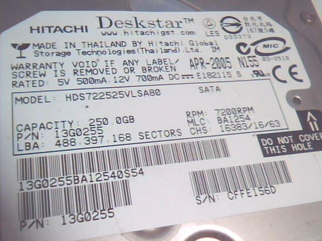 Hard Drive Disk SATA Hitachi Deskstar HDA722525VLSA80 13G0255 BA1254 03-2519 - image 2