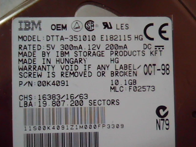 Hard Drive Disk IDE IBM DTTA-351010 00K4091 F02573 E182115 HG 10.1GB