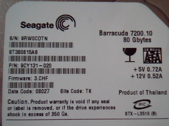 Hard Drive Disk IDE Seagate Barracuda 7200.10 ST380815AS 9CY131-020 0950-4767