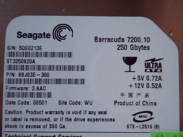 Hard Drive Disk IDE Seagate Barracuda ST3250820A 9BJ03E-300 250GB 7200.10 3.AAC