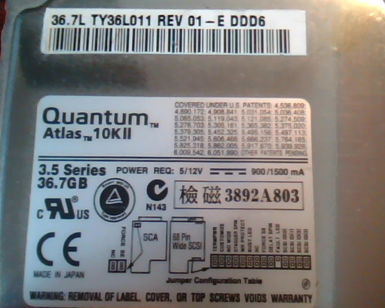 Hard Drive Disk Quantum Atlas 10KII 10K II TY36L011 36.7L Rev 01-E DDD6 3892A803