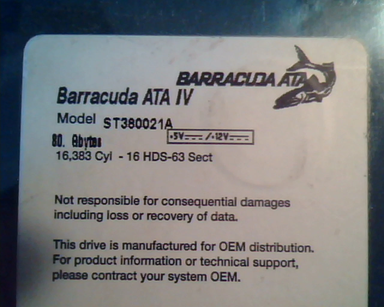 Hard Drive Disk Barracuda ATA IV ST380021A 80GB P000390729 U100 Seagate 3.5in