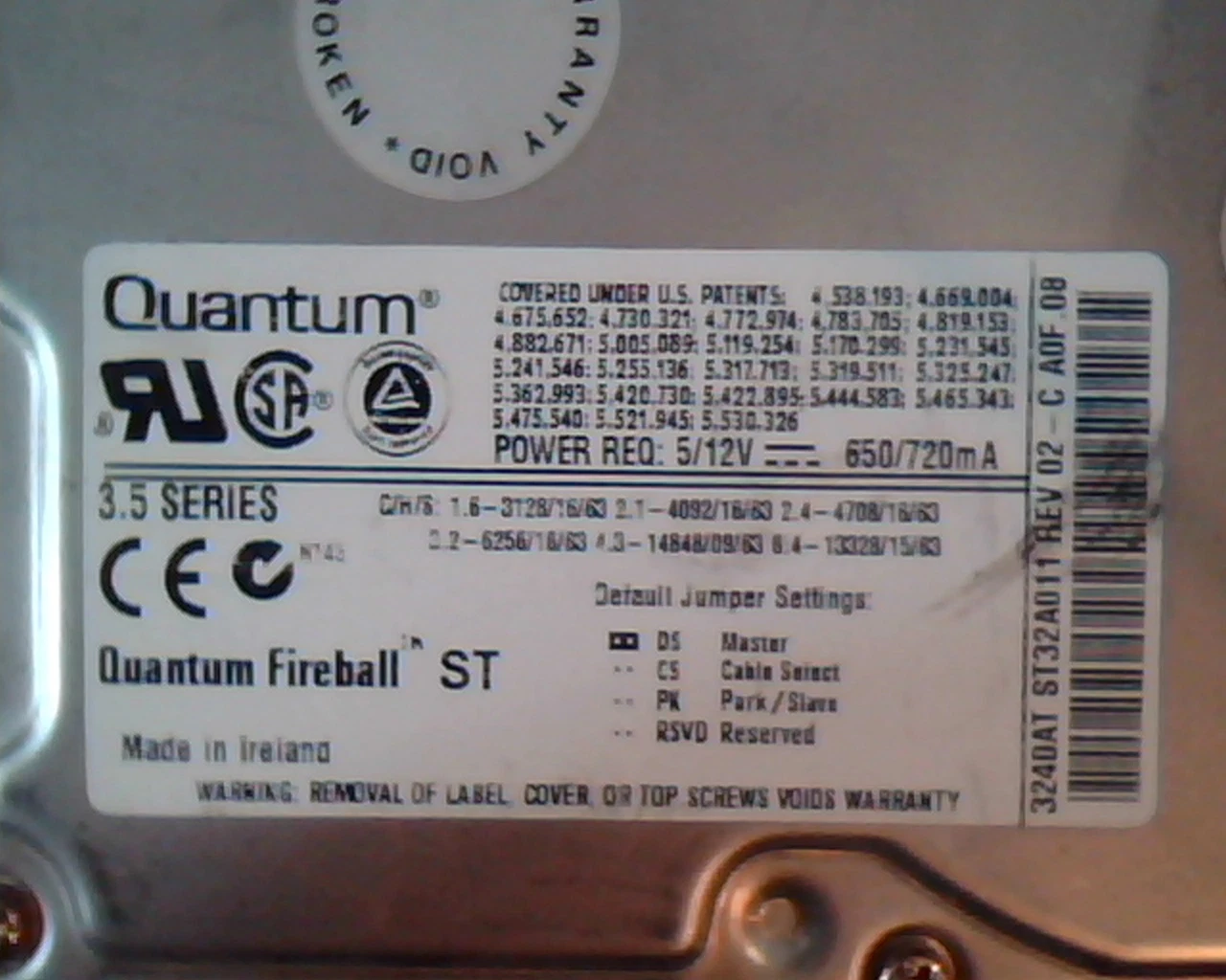 Hard Disk Drive IDE Quantum Fireball ST 3240AT ST32A011 02-C A0F.08 3.5