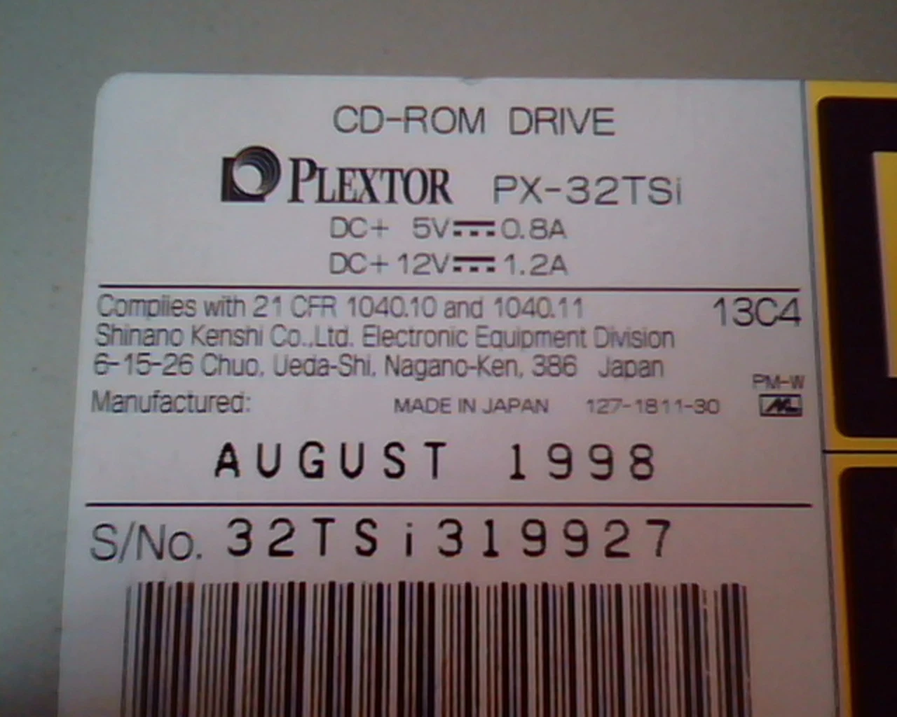 Plextor PX-32TSi CD-ROM Drive 13C4 0303 August 1998 E132064 UltraPlex