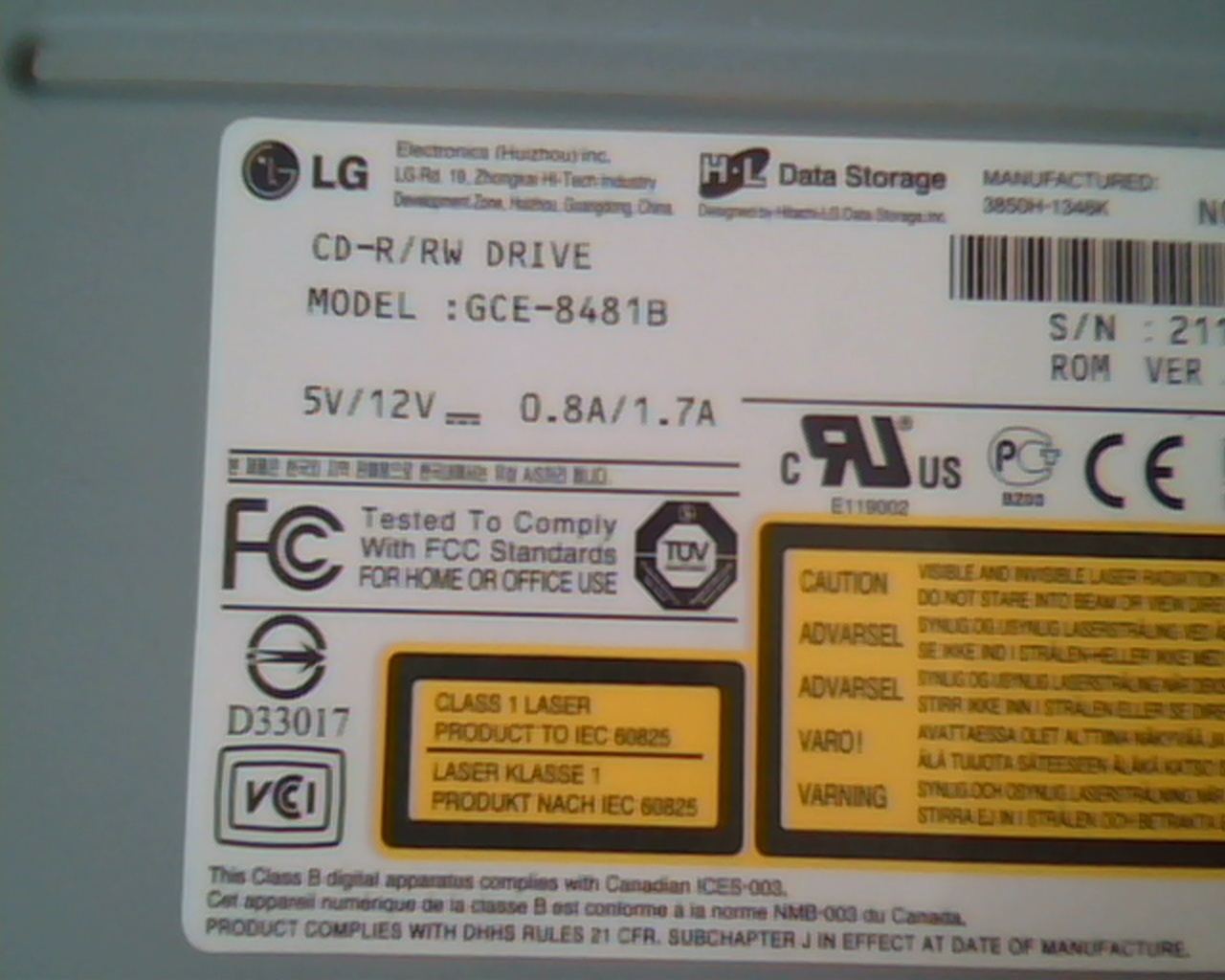 LG GCE-84881B CD-R/RW Drive 1.10 3850H-1346K D33017 ReWritable Ultra Speed