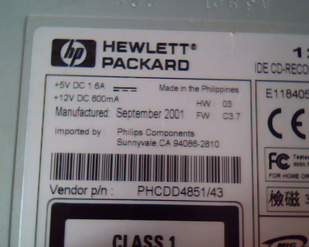 Hewlett Packard HP IDE CD Recordable Rewritable Drive 5185-4807 PHCDD4851/43