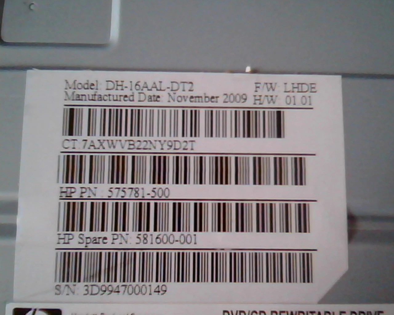 HP DH-16AAL-DT2 LHDE 575781-500 DVD/CD Rewritable Drive DH-16AAL D33C76 Nov2009