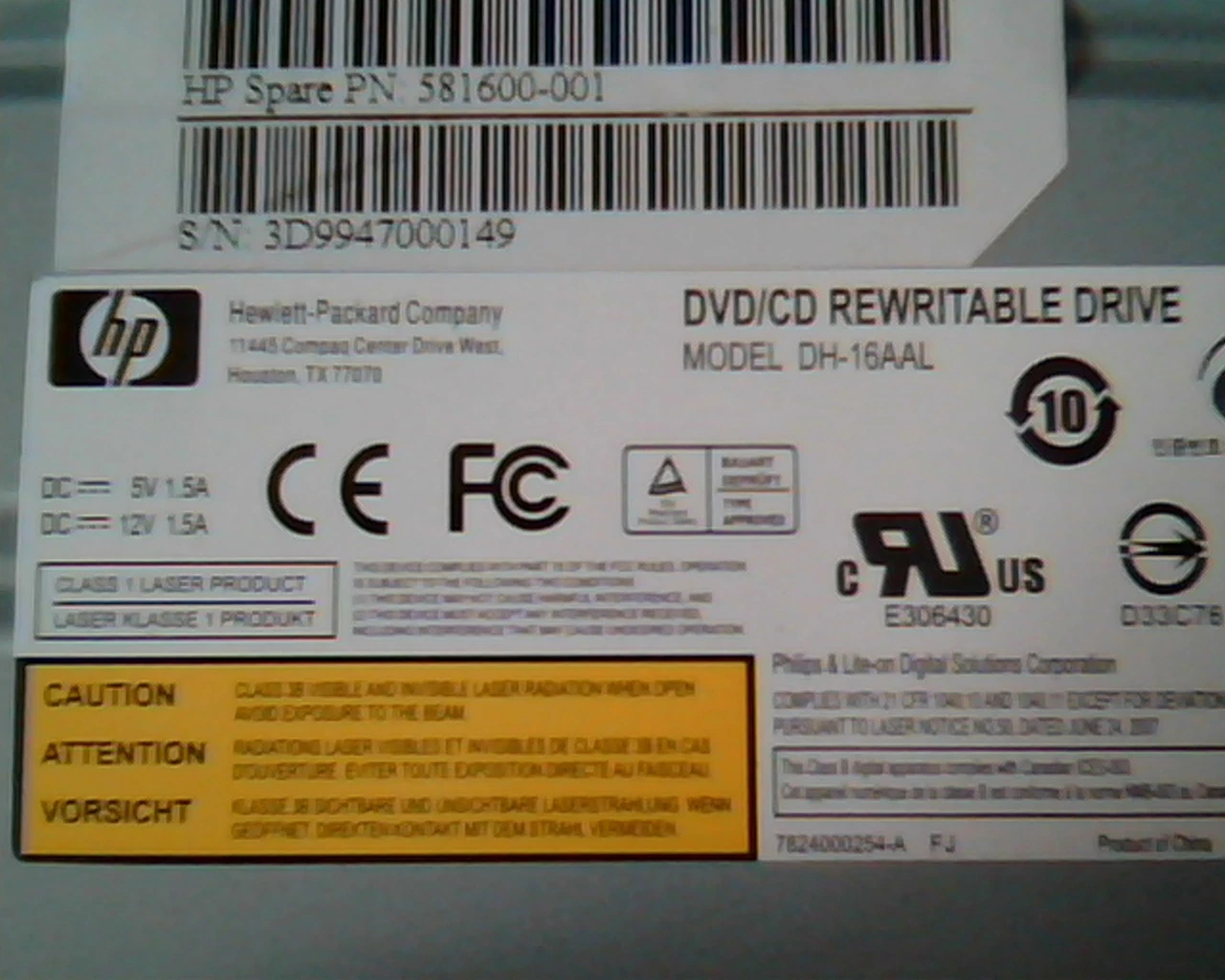 HP DH-16AAL-DT2 LHDE 575781-500 DVD/CD Rewritable Drive DH-16AAL D33C76 Nov2009 - image 2