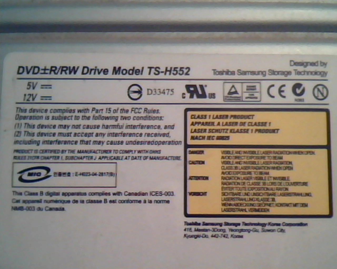 Toshiba DVD R/RW Drive TS-H552 Samsung D33475 B 8.5GB 6GGXC03134 GA02 GAAH