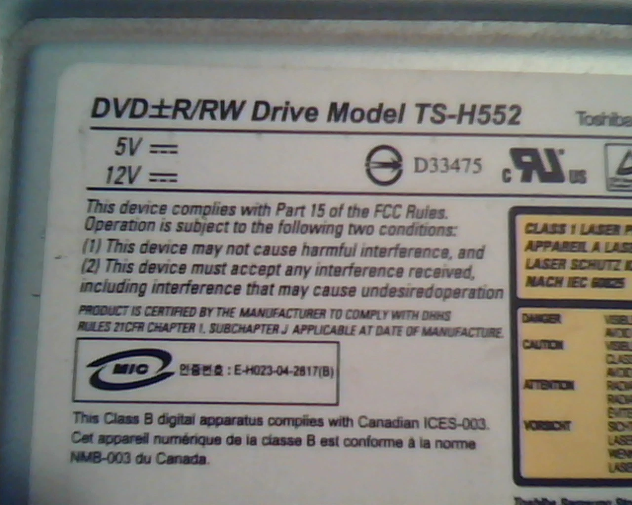 Toshiba DVD R/RW Drive TS-H552 Samsung D33475 B 8.5GB 6GGXC03134 GA02 GAAH - image 2