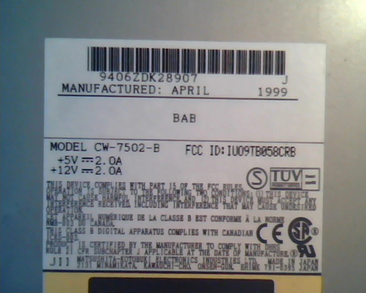 Matsushita-Kotobuki CW-7502-B IU09TB058CRB April 1999 CD-R 4x Write Drive SCSI