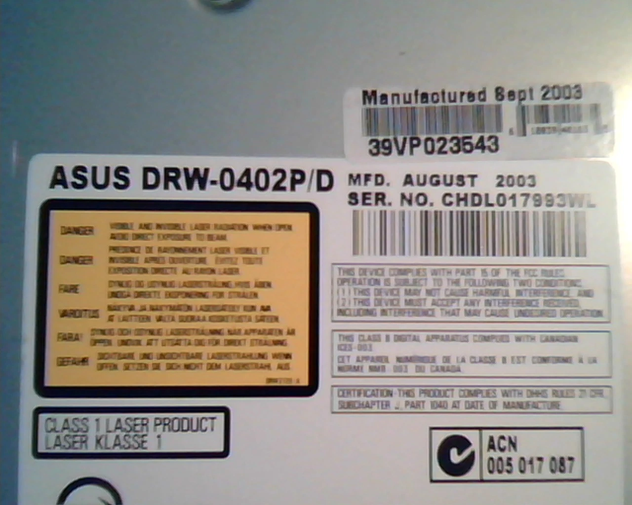 ASUS DRW-0402P/D August 2003 DVD R/RW Rewritable High Speed IDE ASUSTek Drive