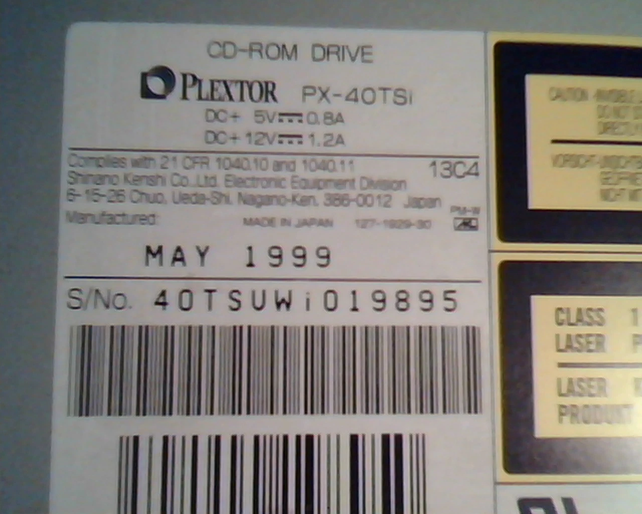 Plextor PX-40TSi CD-ROM Drive May1999 0001 UltraPlex Wide SCSI E132064