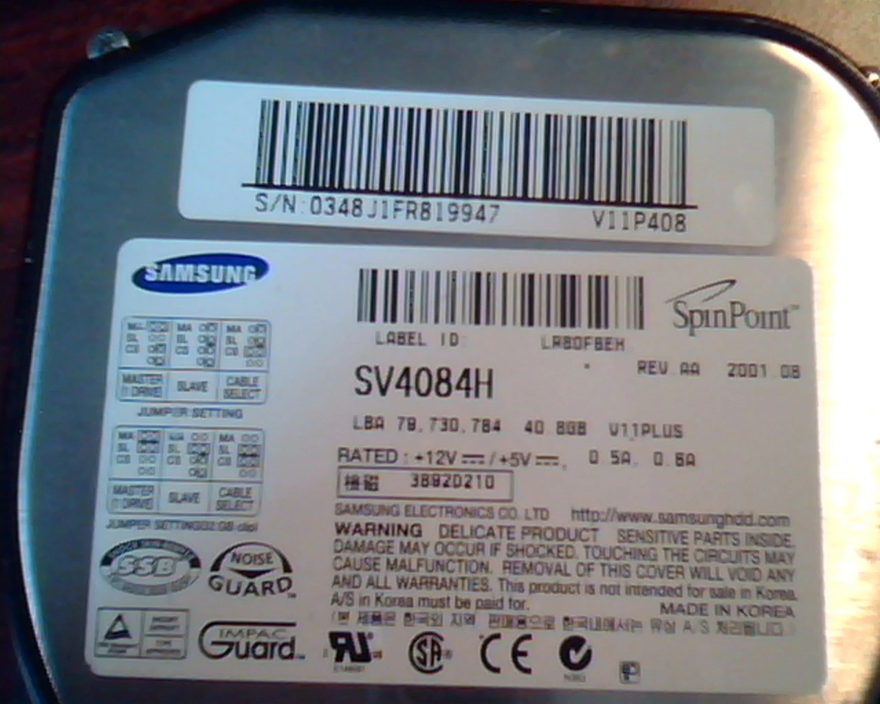 Hard Disk Drive IDE Samsung SV4084H SpinPoint Rev AA V11P408 LR80FBEH - image 2
