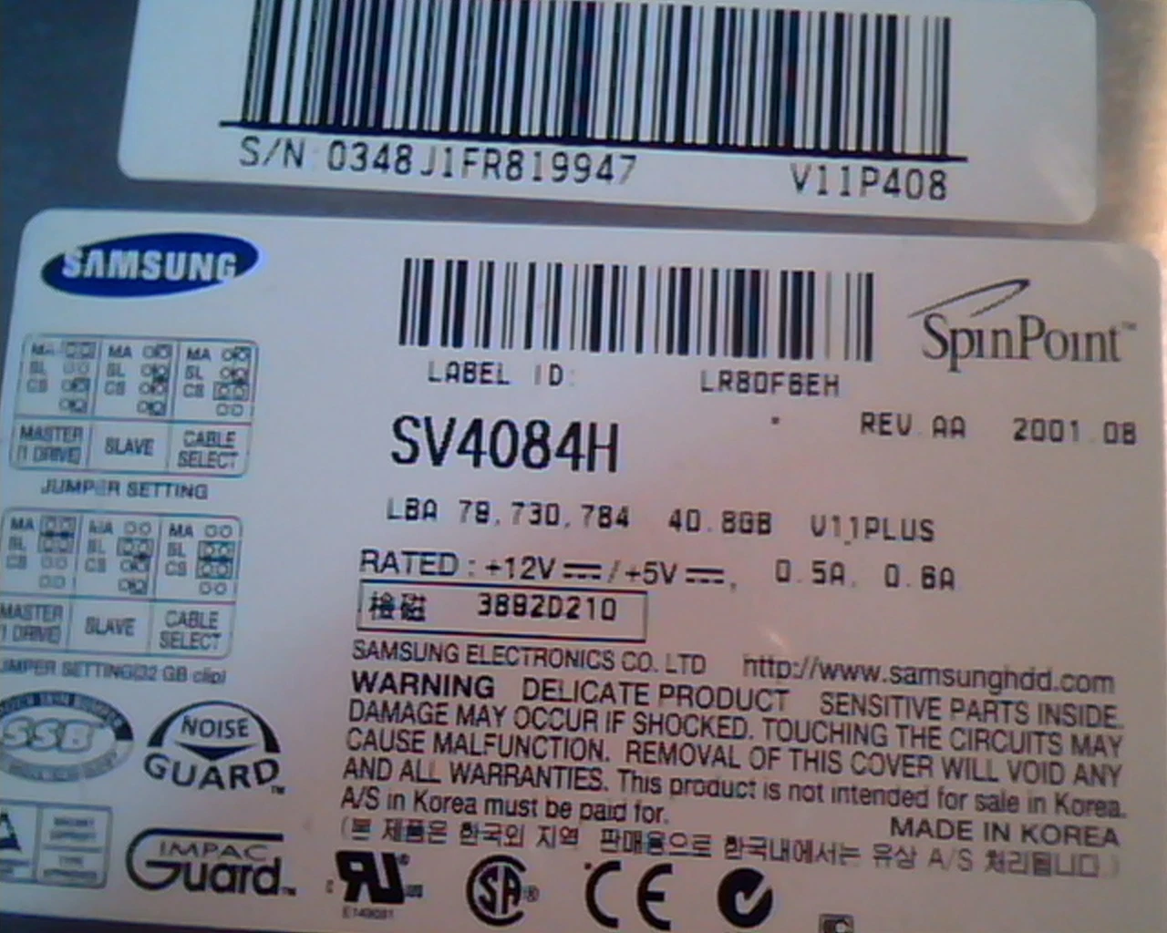 Hard Disk Drive IDE Samsung SV4084H SpinPoint Rev AA V11P408 LR80FBEH - image 3