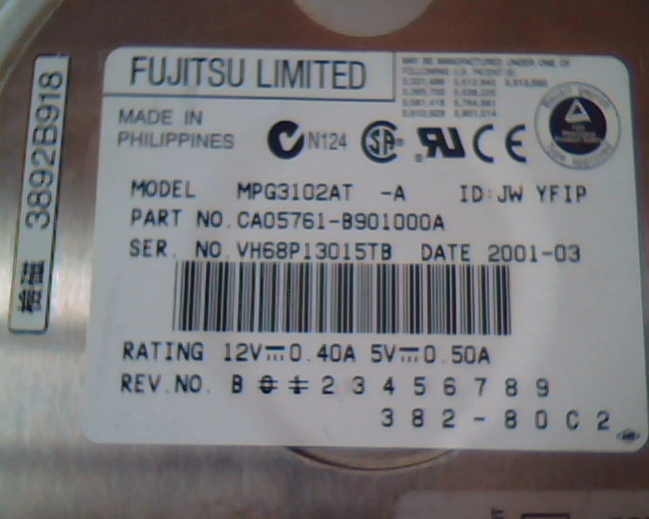 Hard Disk Drive IDE Fujitsu MPG3102AT 10GB CA05761-B901000A 382-80C2 AT 40-pin