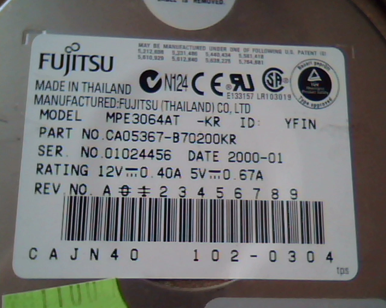 Hard Disk Drive IDE Fujitsu Limited MPE3064AT CA05367-B70200KR 102-0304 YFIN