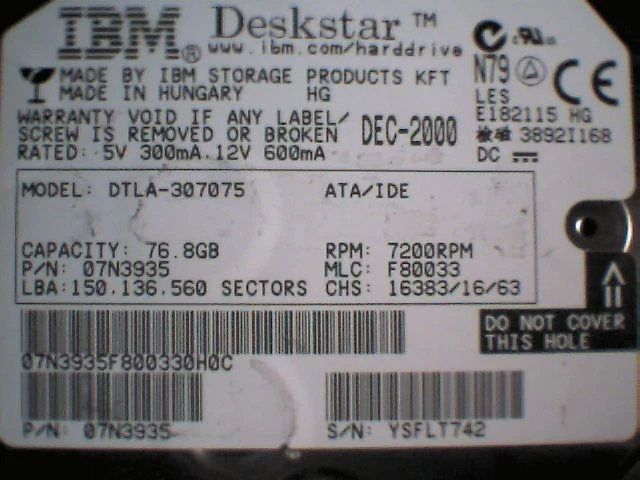 Hard Drive Disk IDE IBM Deskstar DTLA-307075 07N3935 24P6052 07N5786-F80421 6KR9 - image 3