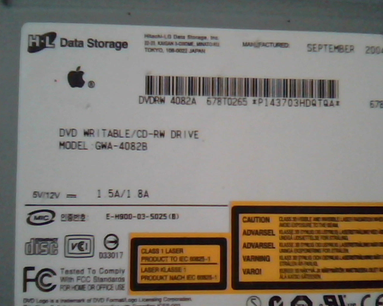 HL Data Storage DVD Writable CD-RW Drive GWA-4082B 678-0489B Sept 2004 4082A