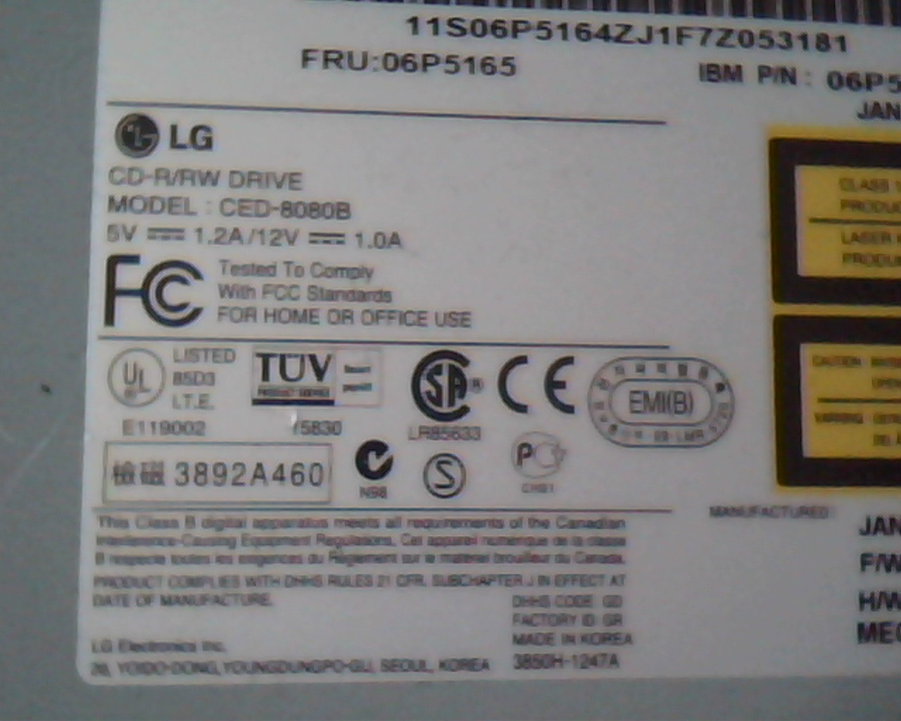 LG IBM CD-R/RW Drive CED-8080B Jan 2001 1.06 06P5164 IDE 8X/4X/32X CD LR85633