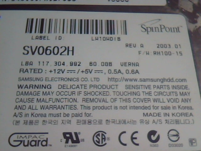 Sony Vaio PCV-W20 -- Hard Disk Drive Samsung SV0602H Rev.A RH100-15 60GB Verna - image 2