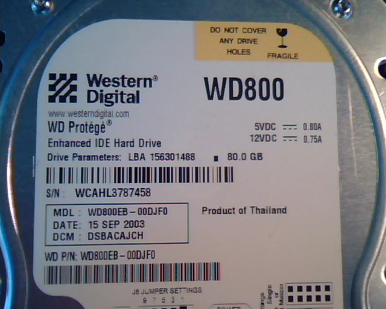 Hard Disk Drive IDE Western Digital Protege WD800EB-00DJF0 DSBACAJCH WD800