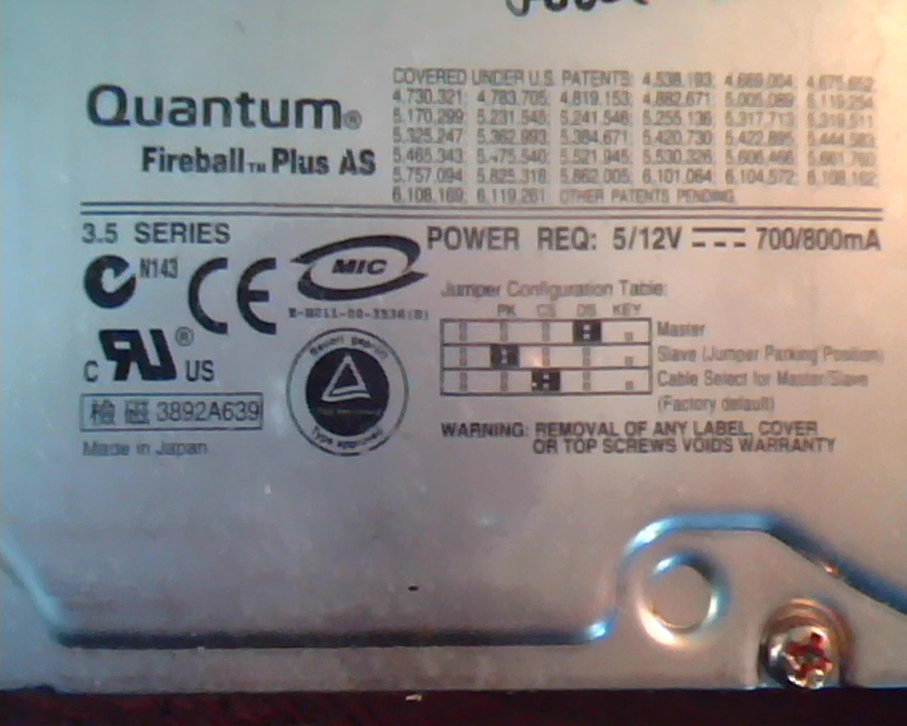Hard Drive IDE Quantum Fireball Plus AS QMP20000AS-A JP-035NTD-12541-12S-240L