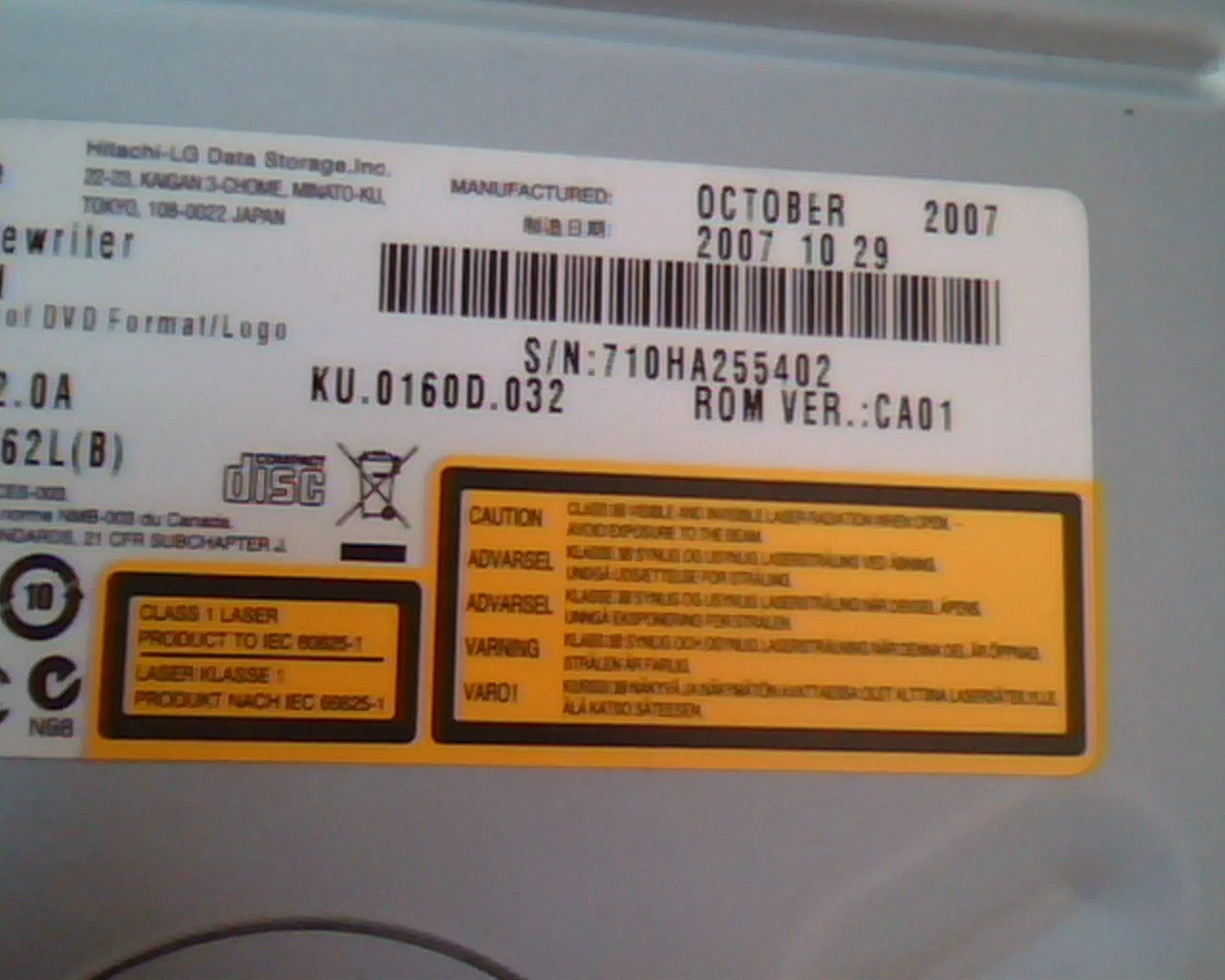HP Super Multi DVD Rewriter GSA-H60N Oct 2007 CA01 LGE-DMGSA-H62L Drive - image 2
