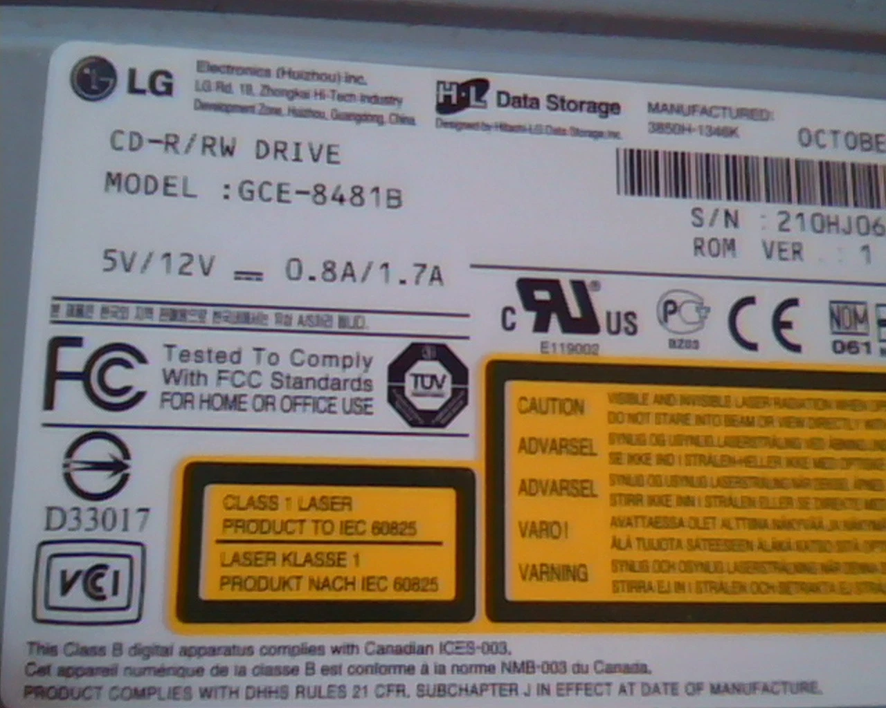 LG CD-R/RW Drive GCE-8481B Oct 2002 1.10 3850H-1346K HL Data Storage Rewritable