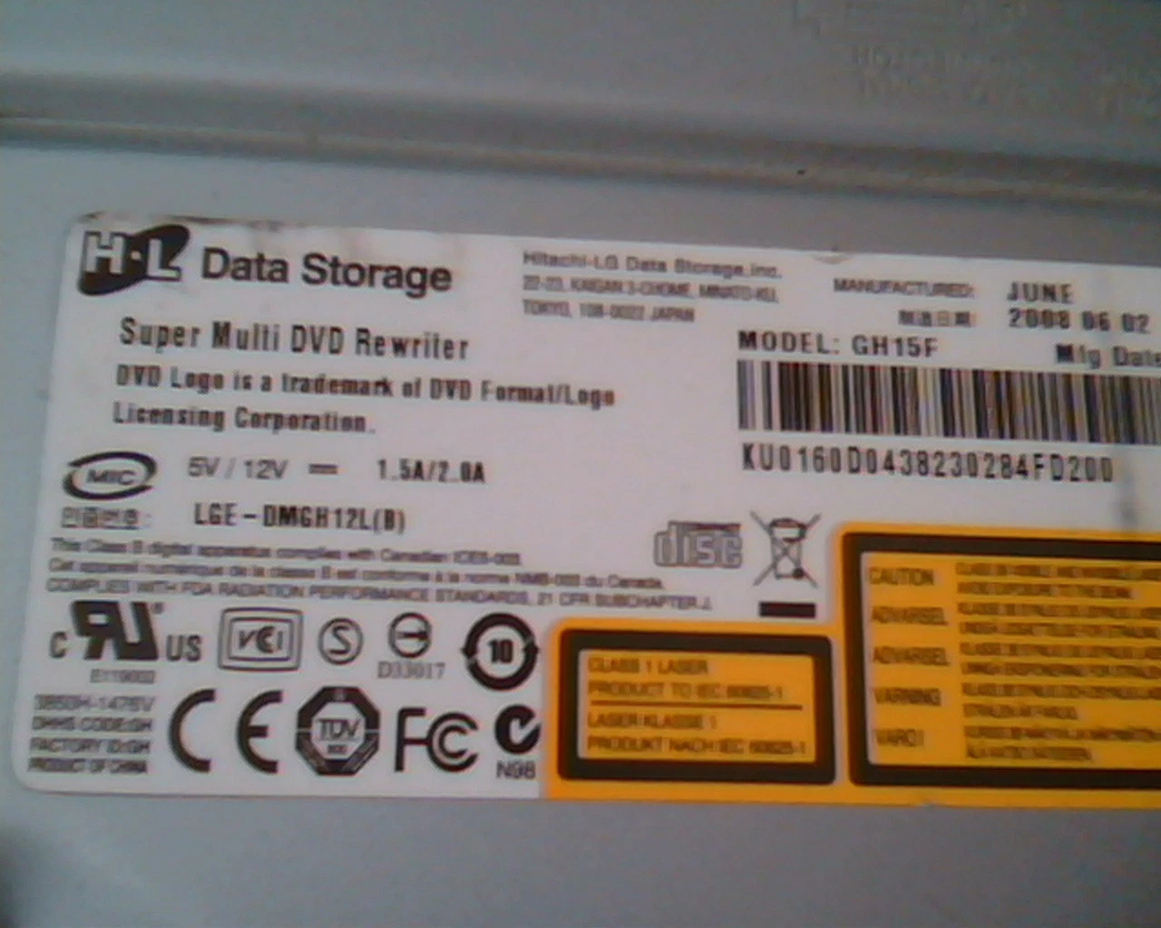 HP Data Storage Super Multi DVD Rewriter GH15F June 2008 EG00 SATA Drive