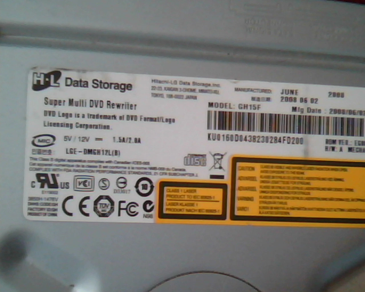 HP Data Storage Super Multi DVD Rewriter GH15F June 2008 EG00 SATA Drive - image 2