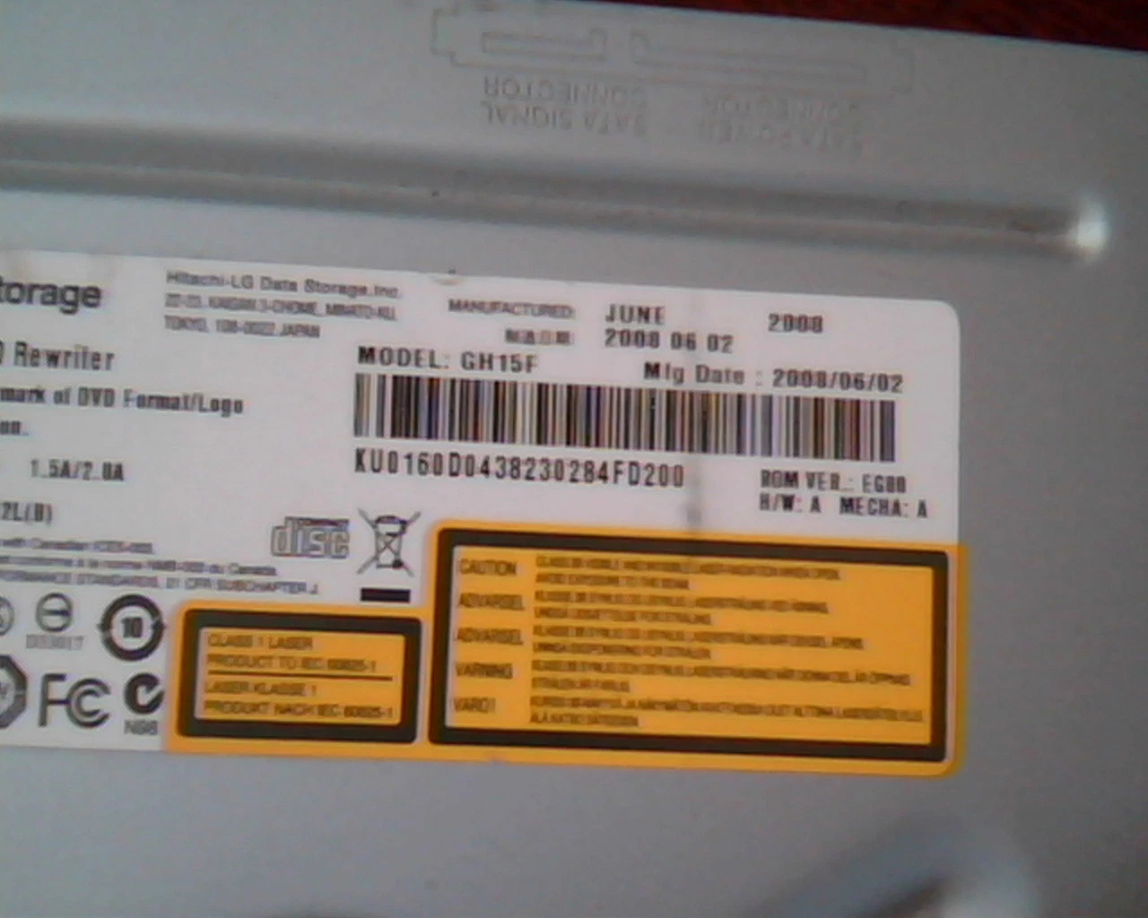 HP Data Storage Super Multi DVD Rewriter GH15F June 2008 EG00 SATA Drive - image 3
