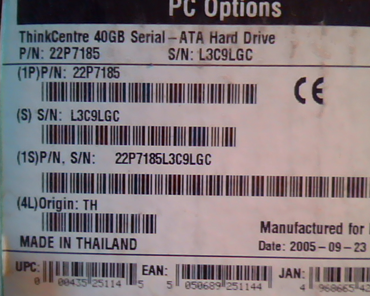 Hard Drive SATA IBM 40GB 22P7185 ThinkCentre 22P7185L3C9LGC TH STILL SEALED BOX
