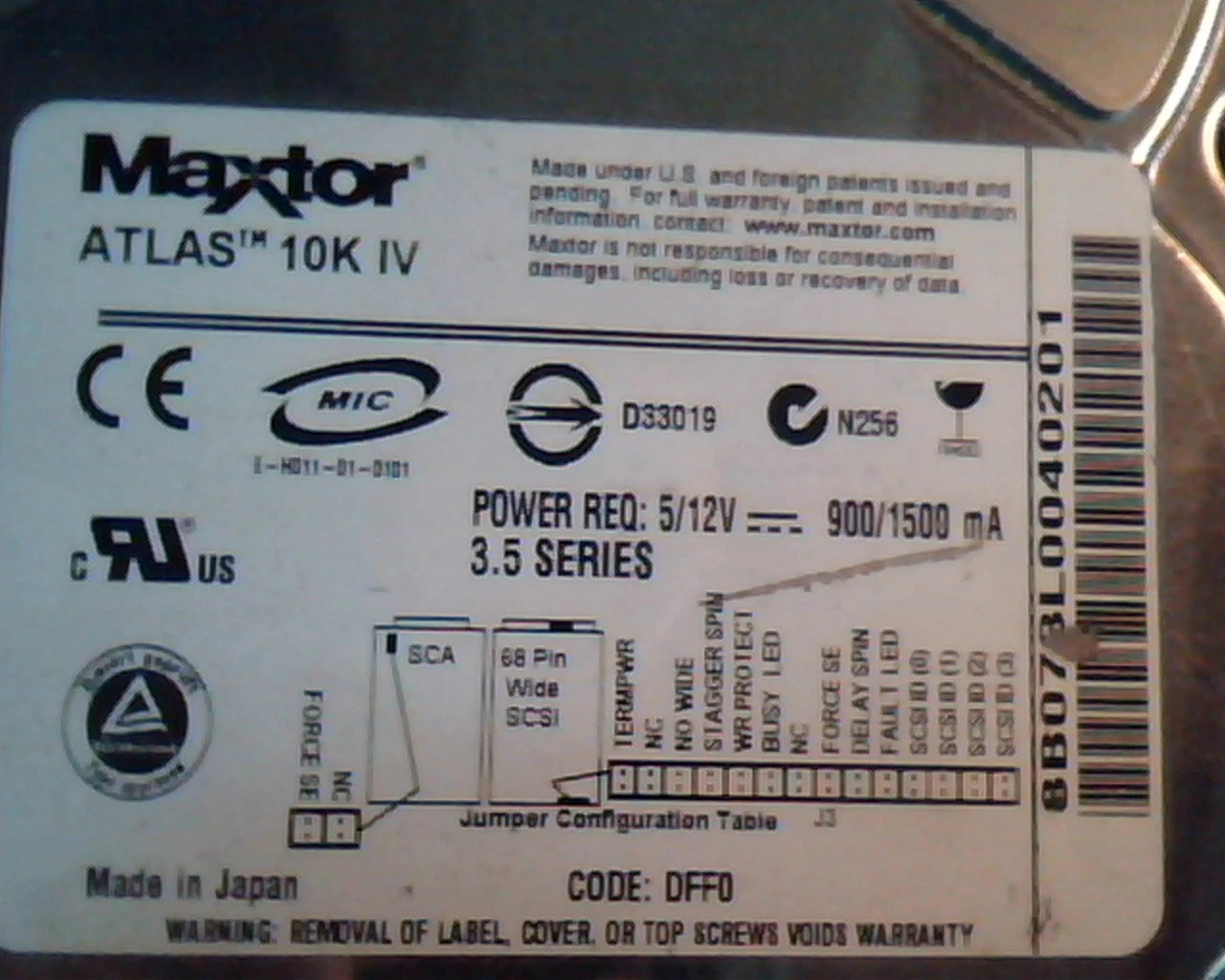 Hard Drive Disk SCSI Maxtor Atlas 10K IV B4670EPM NGBJQ E-H011-01-0101 D33019