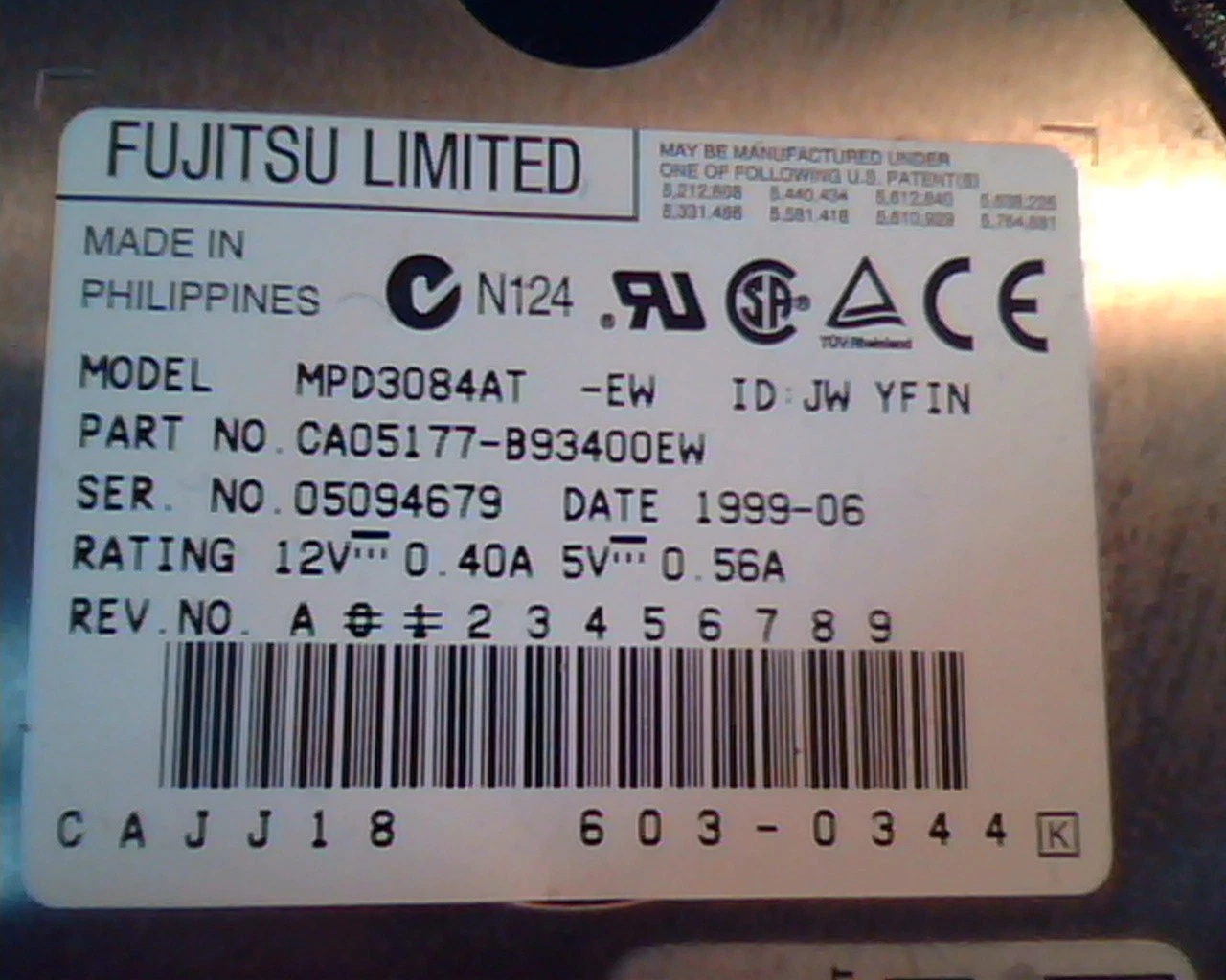 Hard Disk Drive IDE Fujitsu Limited MPD3084AT CA05177-B93400EW 603-0344
