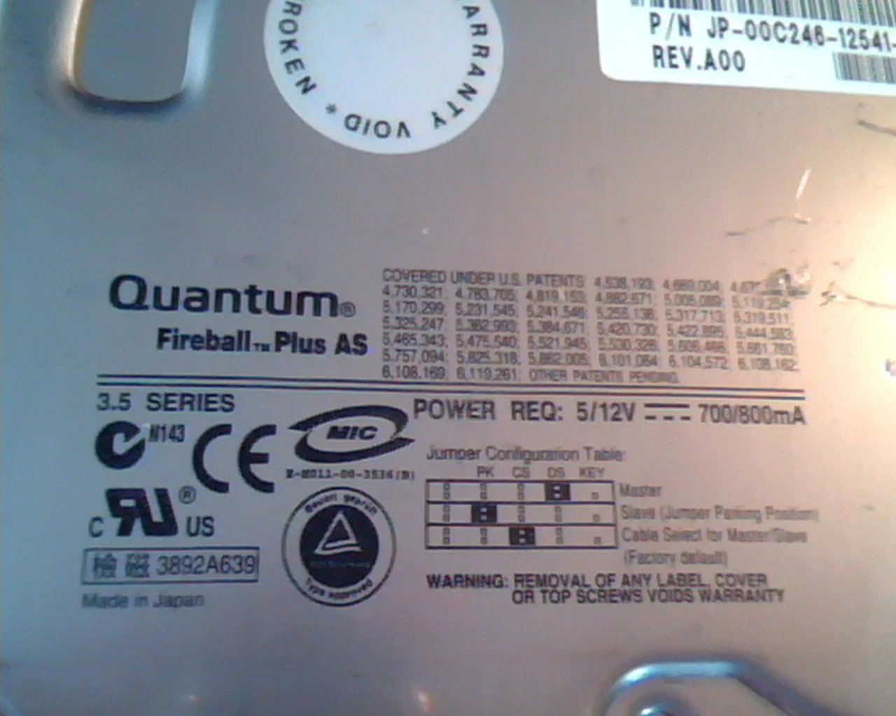 Hard Disk Drive IDE Quantum Fireball Plus AS 60GB QMP60000AS-A A00 AS60A011-02-B