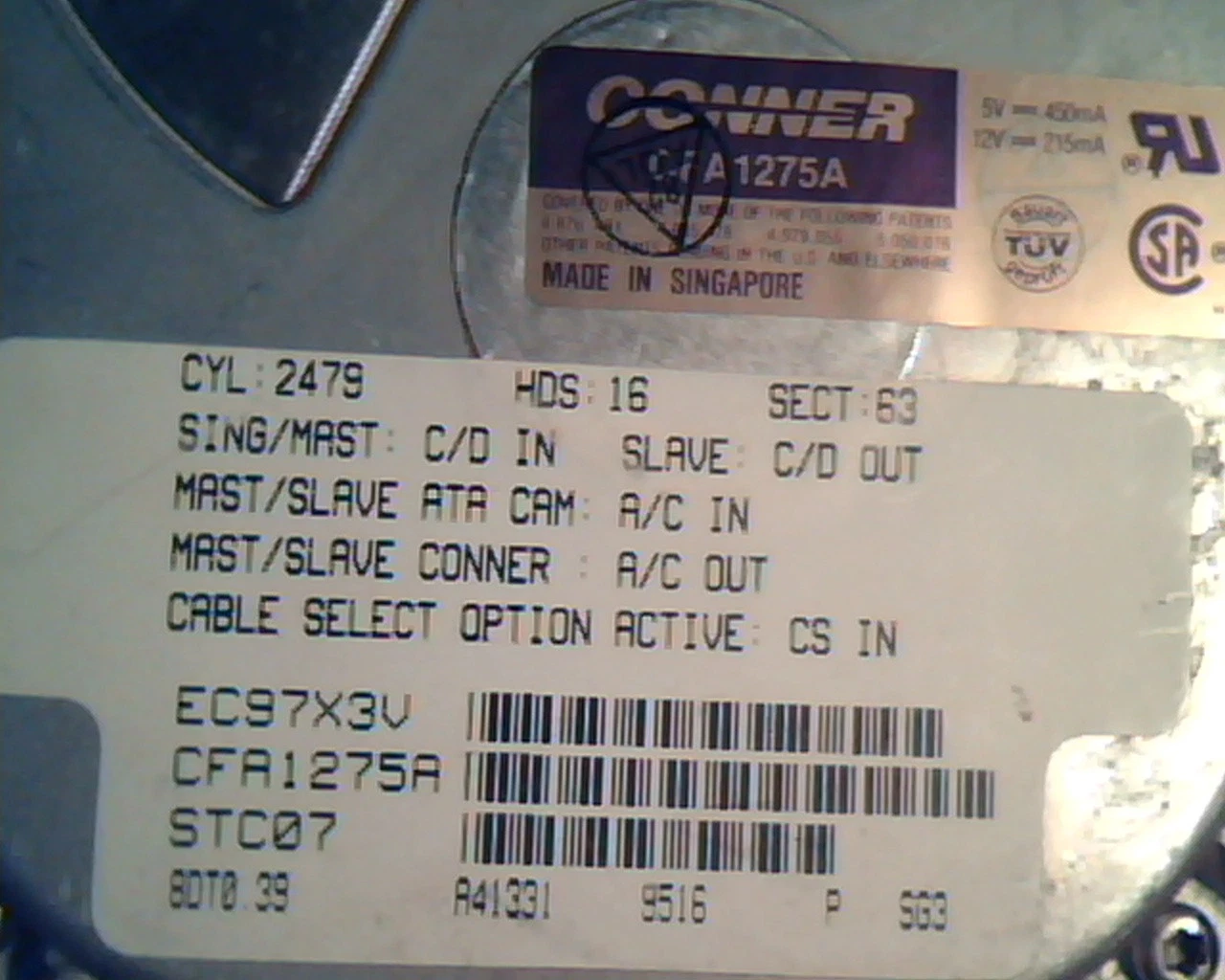 Hard Disk Drive IDE Conner CFA1275A STC07 BTD0.39 A41331 11350-006 P2