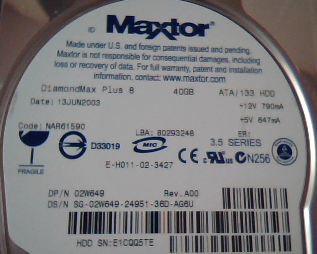 Hard Disk Drive IDE Maxtor DiamondMax Plus 8 40GB 02W649 A00 80293248 NAR61590