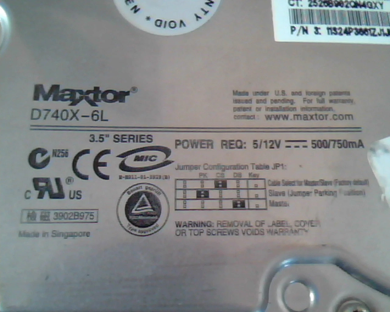 Hard Disk Drive IDE Maxtor D740X-6L VQ20Y011-01-B MX0L020L1 A00 20GB 19K1565