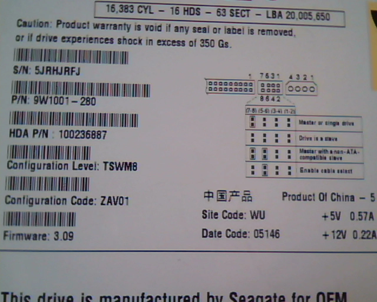 Hard Disk Drive IDE Seagate ST310014ACE 9W1001-280 100236887 ZAV01